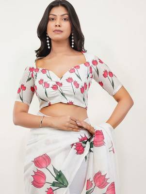 White pure linen printed saree with blouse 3