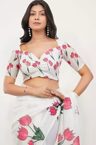White pure linen printed saree with blouse