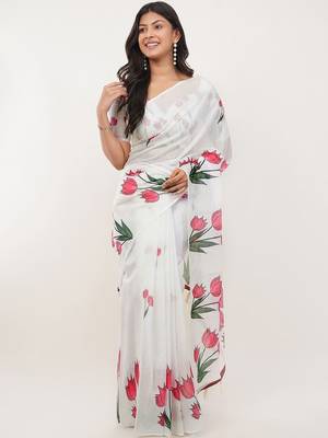 White pure linen printed saree with blouse 4