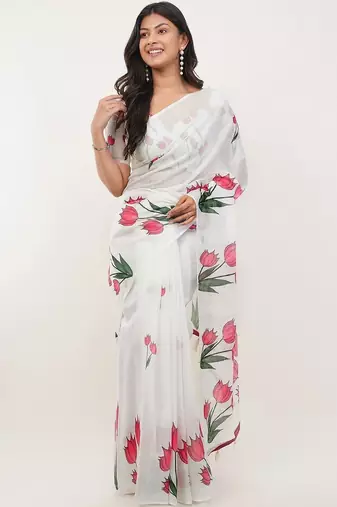 White pure linen printed saree with blouse