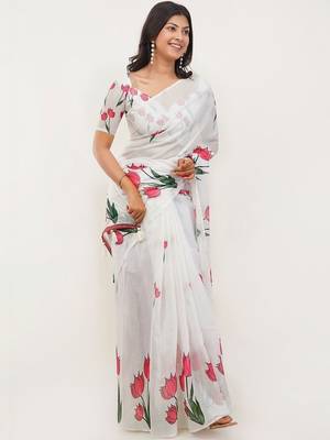 White pure linen printed saree with blouse 5