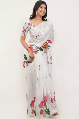 White pure linen printed saree with blouse