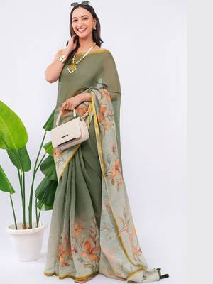 Olive pure linen printed saree with blouse 1