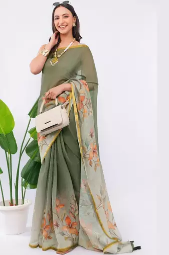 Olive pure linen printed saree with blouse