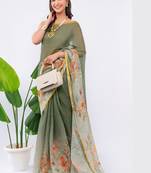 Olive pure linen printed saree with blouse