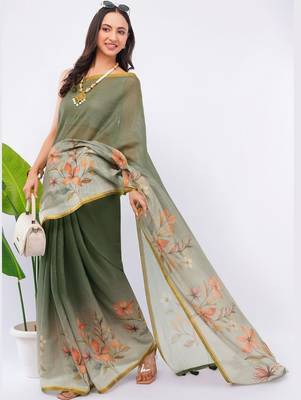 Olive pure linen printed saree with blouse 2