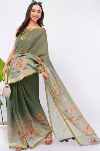 Olive pure linen printed saree with blouse