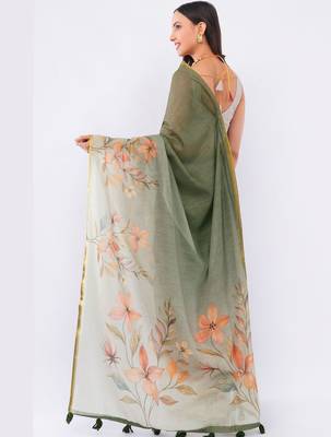 Olive pure linen printed saree with blouse 3