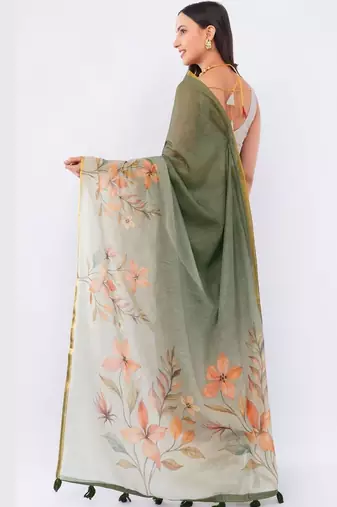 Olive pure linen printed saree with blouse