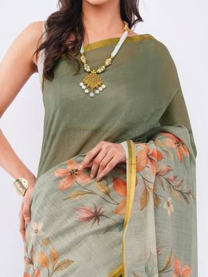 Olive pure linen printed saree with blouse 4