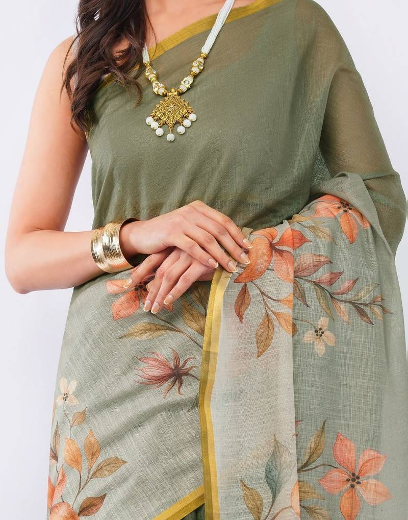 Olive pure linen printed saree with blouse