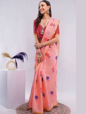 Peach pure linen printed saree with blouse 1