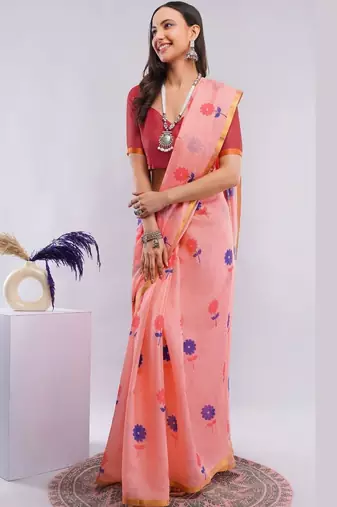 Peach pure linen printed saree with blouse