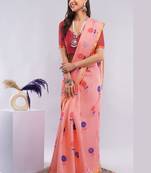 Peach pure linen printed saree with blouse