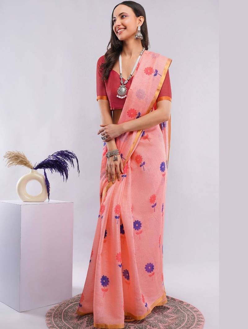 Peach pure linen printed saree with blouse
