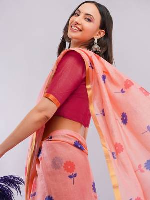 Peach pure linen printed saree with blouse 2