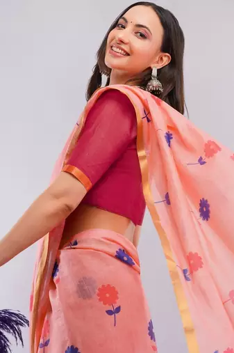Peach pure linen printed saree with blouse