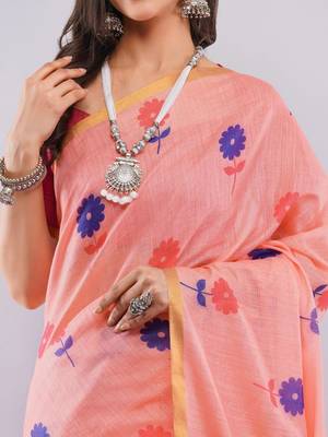 Peach pure linen printed saree with blouse 3
