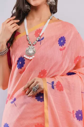 Peach pure linen printed saree with blouse