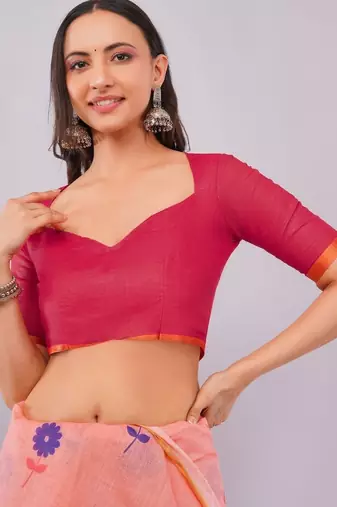 Peach pure linen printed saree with blouse