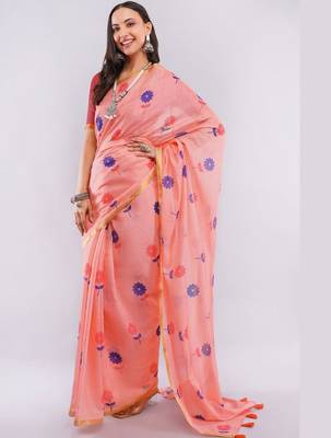 Peach pure linen printed saree with blouse 5