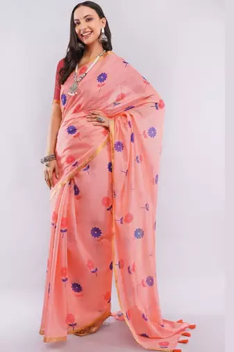 Peach pure linen printed saree with blouse