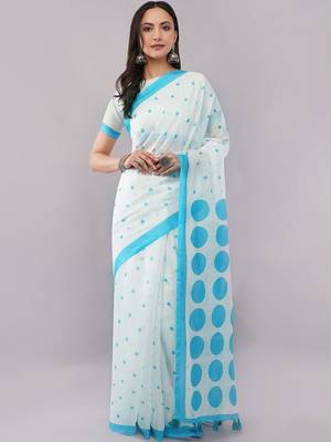 Off white pure linen printed saree with blouse 1