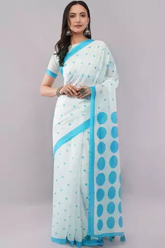 Off white pure linen printed saree with blouse