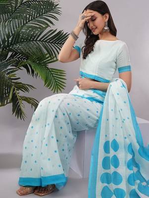 Off white pure linen printed saree with blouse 2