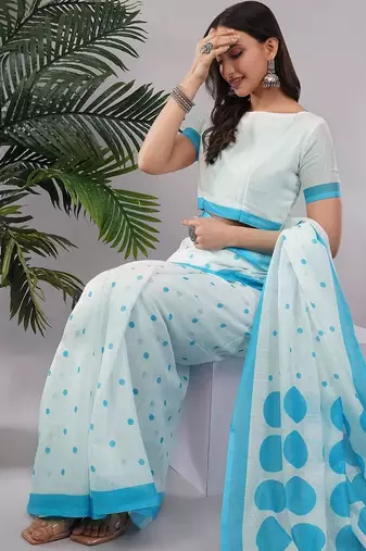 Off white pure linen printed saree with blouse