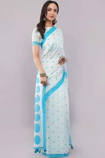 Off white pure linen printed saree with blouse