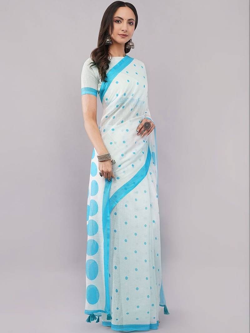 Off white pure linen printed saree with blouse