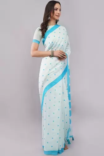 Off white pure linen printed saree with blouse