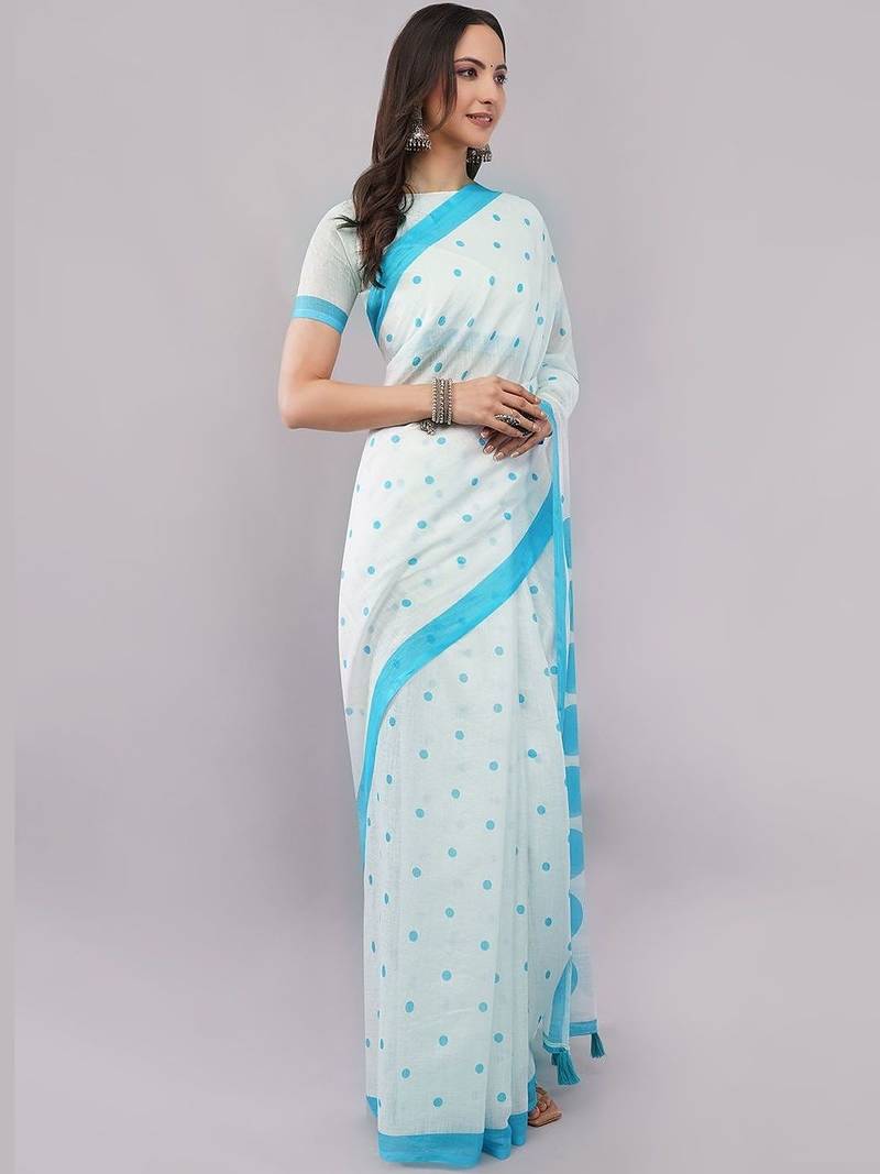 Off white pure linen printed saree with blouse