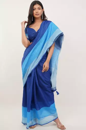 Blue pure linen colourblocked saree with blouse