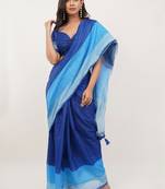 Blue pure linen colourblocked saree with blouse