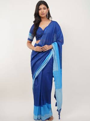 Blue pure linen colourblocked saree with blouse 2