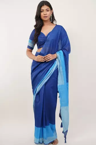 Blue pure linen colourblocked saree with blouse