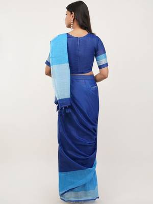 Blue pure linen colourblocked saree with blouse 3