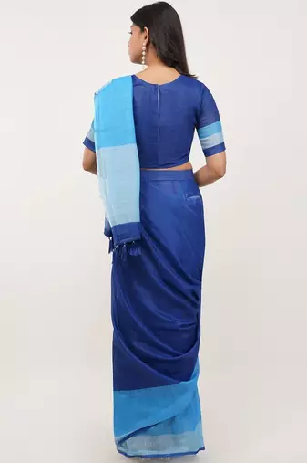 Blue pure linen colourblocked saree with blouse