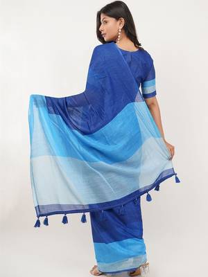 Blue pure linen colourblocked saree with blouse 4