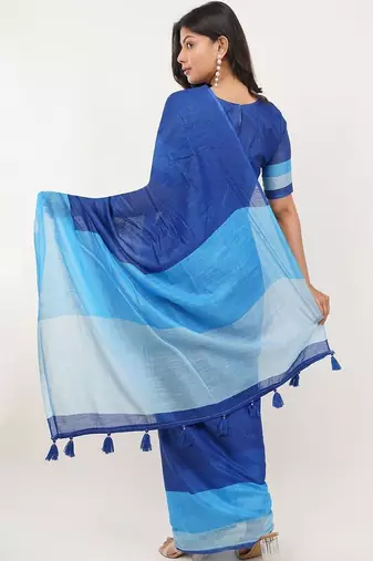 Blue pure linen colourblocked saree with blouse