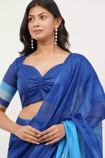 Blue pure linen colourblocked saree with blouse