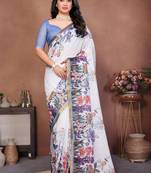 White pure linen printed saree with blouse