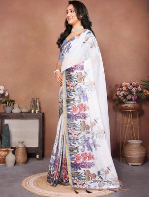 White pure linen printed saree with blouse 2