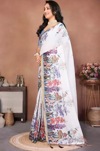 White pure linen printed saree with blouse