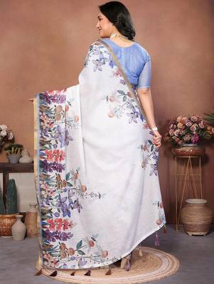 White pure linen printed saree with blouse 3