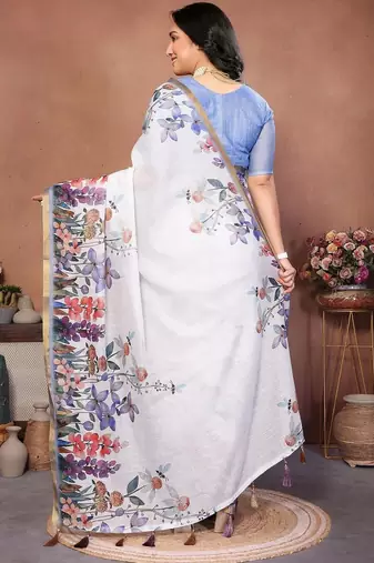 White pure linen printed saree with blouse