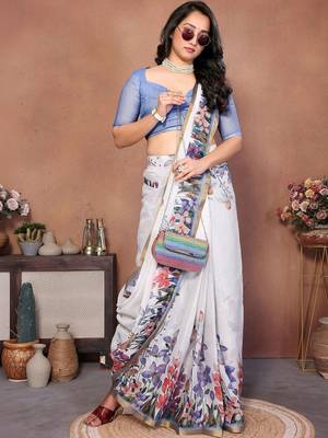 White pure linen printed saree with blouse 5