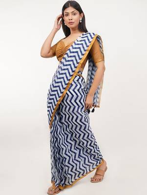 White pure linen printed saree with blouse 1